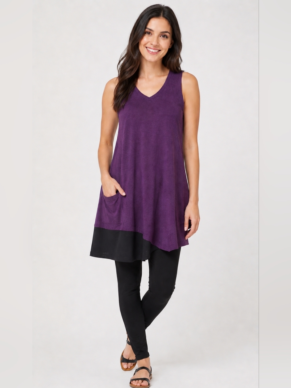 Parsley & Sage Purple Black Rayon Sharkbite Tunic Tank Top 1X Lagenlook Pocket
